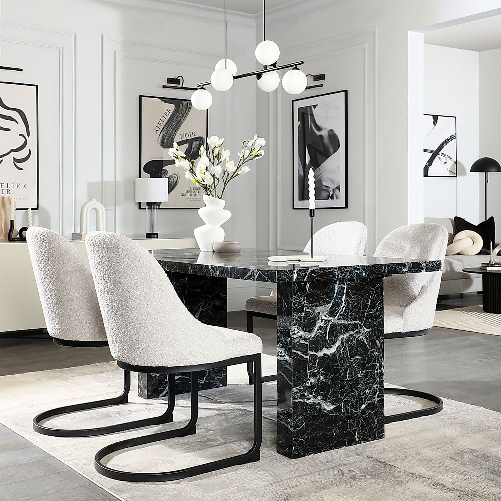 Caserta Dining Table & 4 Riva Dining Chairs, Black Marble Effect, Light Grey Classic Boucle Fabric & Black Steel, 160cm