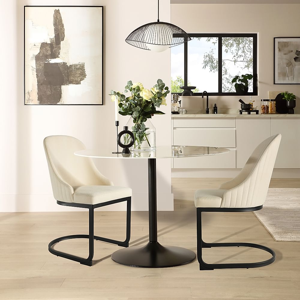 Orbit Round Dining Table & 2 Riva Chairs, White Marble Effect & Black Steel, Ivory Classic Plush Fabric, 110cm