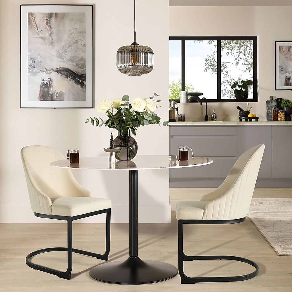 Orbit Round Dining Table & 2 Riva Chairs, Grey Marble Effect & Black Steel, Ivory Classic Plush Fabric, 110cm
