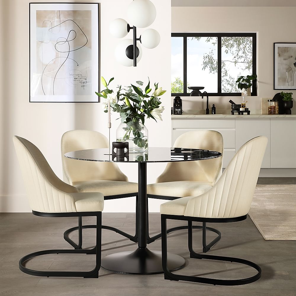 Orbit Round Dining Table & 4 Riva Chairs, Black Marble Effect & Black Steel, Ivory Classic Plush Fabric, 110cm