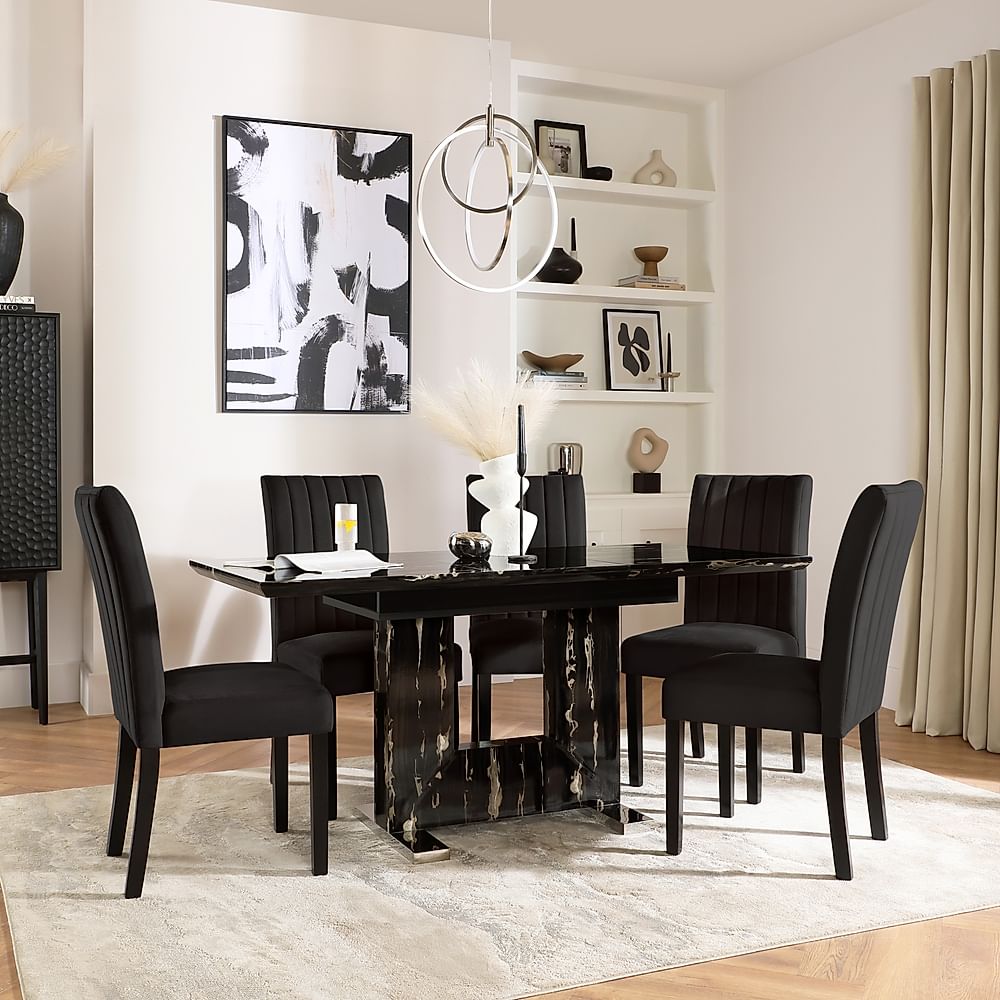 Florence Extending Dining Table & 6 Salisbury Chairs, Black Marble Effect, Black Classic Velvet & Black Solid Hardwood, 120-160cm