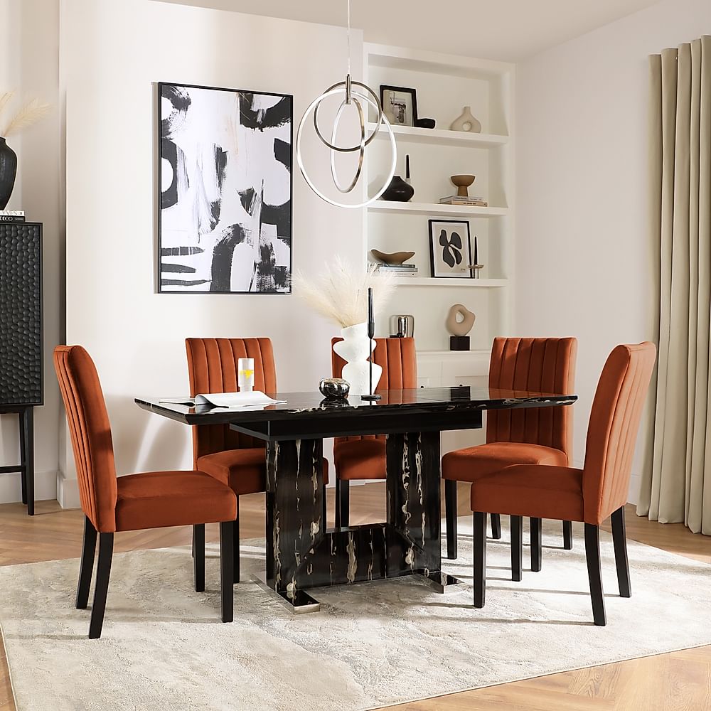 Florence Extending Dining Table & 4 Salisbury Chairs, Black Marble Effect, Burnt Orange Classic Velvet & Black Solid Hardwood, 120-160cm