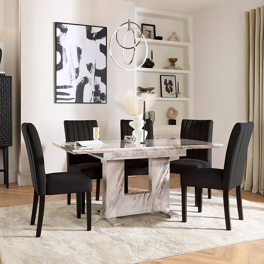 Florence Extending Dining Table & 4 Salisbury Chairs, Grey Marble Effect, Black Classic Velvet & Black Solid Hardwood, 120-160cm