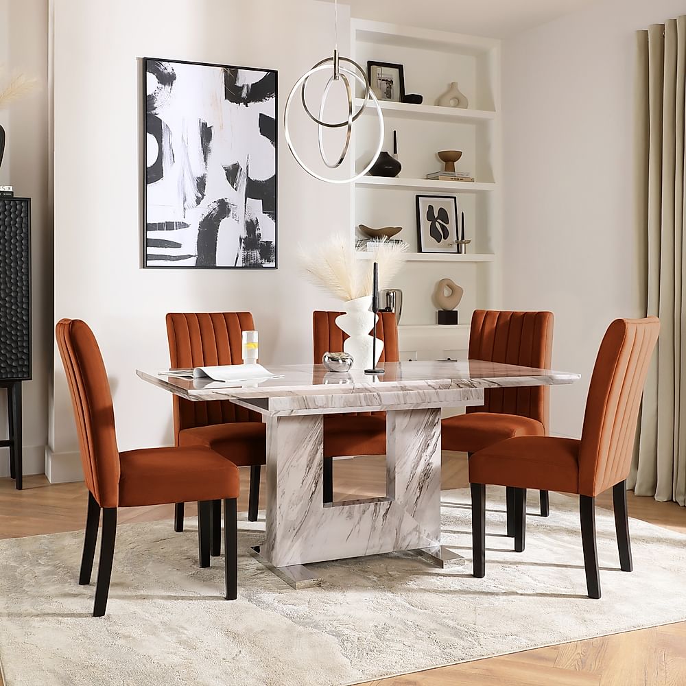 Florence Extending Dining Table & 4 Salisbury Chairs, Grey Marble Effect, Burnt Orange Classic Velvet & Black Solid Hardwood, 120-160cm