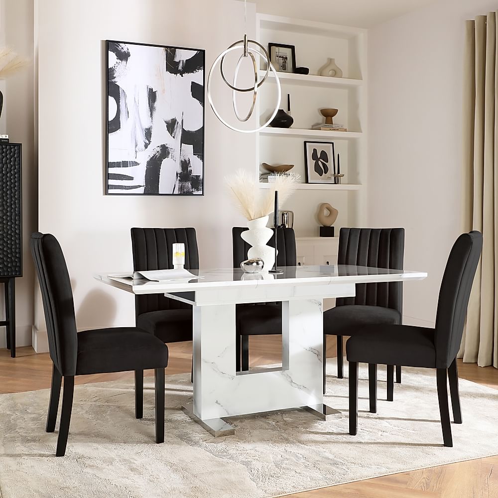 Florence Extending Dining Table & 4 Salisbury Chairs, White Marble Effect, Black Classic Velvet & Black Solid Hardwood, 120-160cm