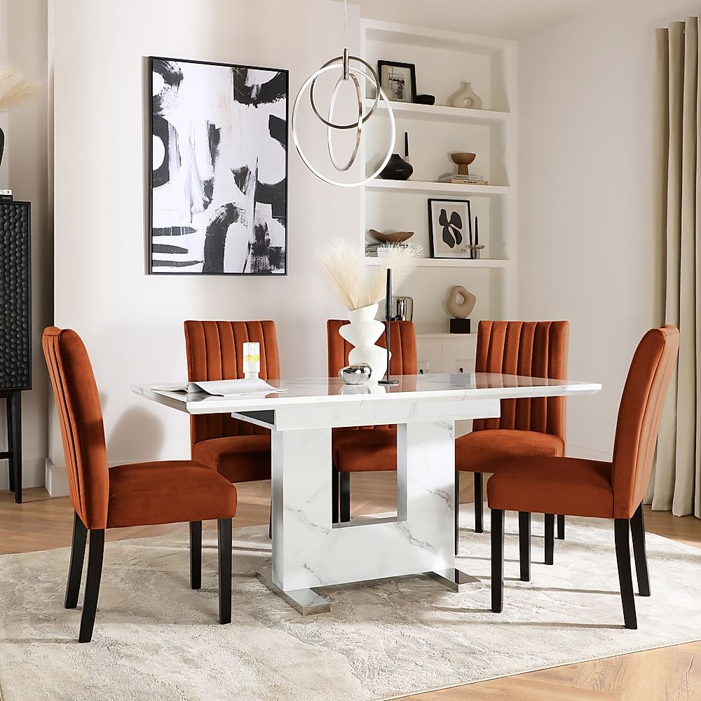 Florence Extending Dining Table & 4 Salisbury Chairs, White Marble Effect, Burnt Orange Classic Velvet & Black Solid Hardwood, 120-160cm