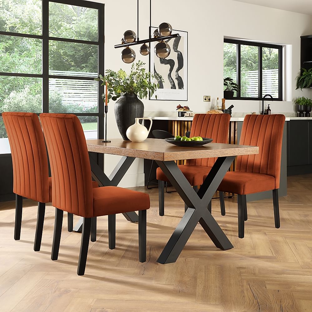 Franklin Industrial Dining Table & 4 Salisbury Chairs, Dark Oak Veneer & Black Steel, Burnt Orange Classic Velvet & Black Solid Hardwood, 150cm