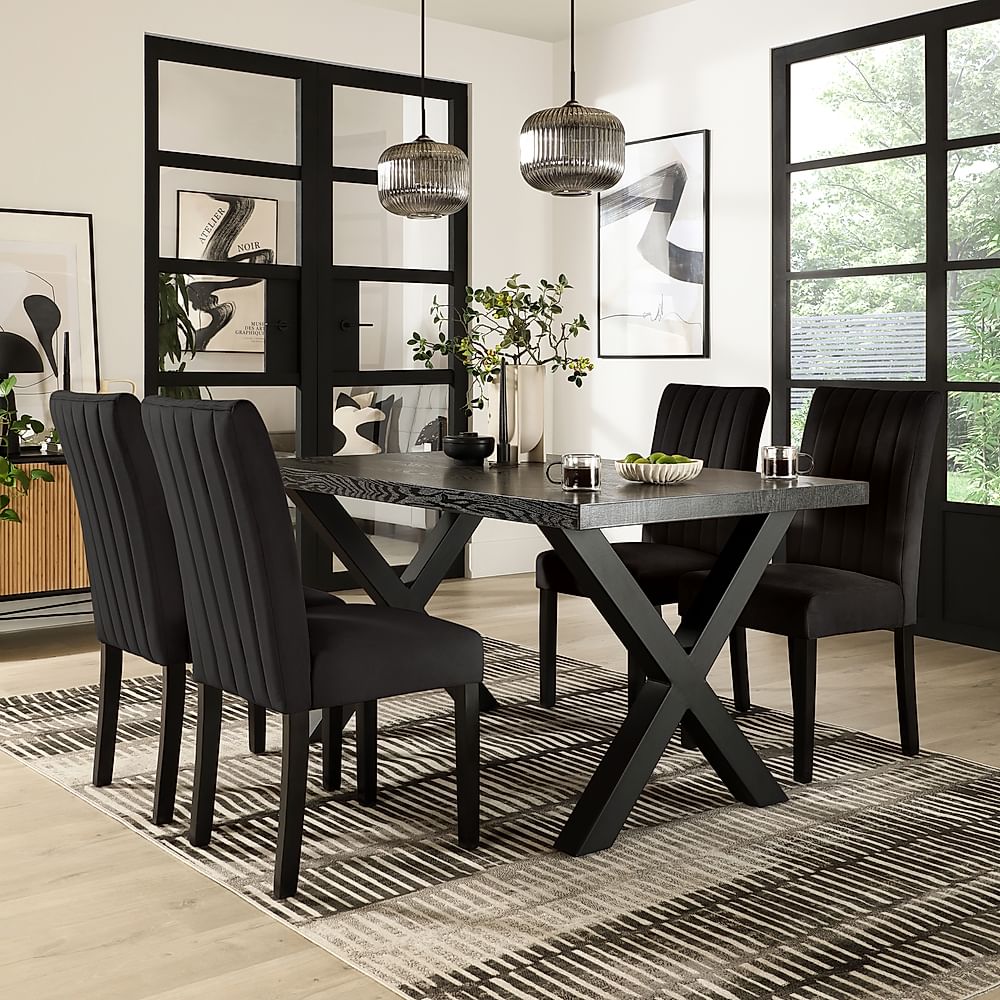 Franklin Dining Table & 4 Salisbury Chairs, Black Oak Effect & Black Steel, Black Classic Velvet & Black Solid Hardwood, 150cm