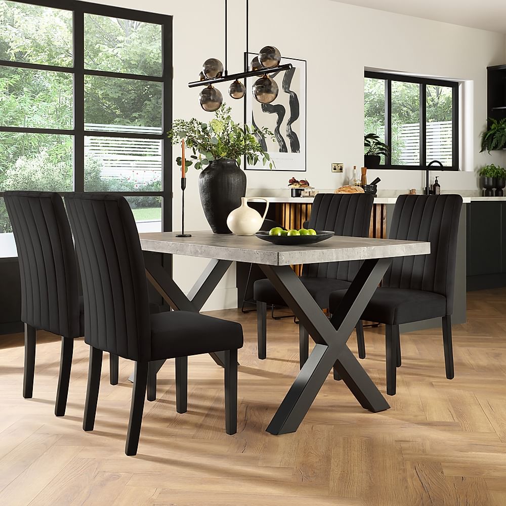 Franklin Industrial Dining Table & 4 Salisbury Chairs, Grey Concrete Effect & Black Steel, Black Classic Velvet & Black Solid Hardwood, 150cm