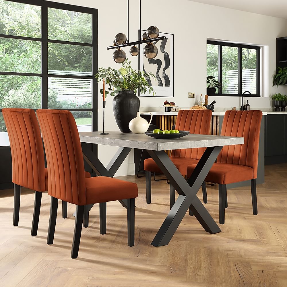 Franklin Industrial Dining Table & 4 Salisbury Chairs, Grey Concrete Effect & Black Steel, Burnt Orange Classic Velvet & Black Solid Hardwood, 150cm