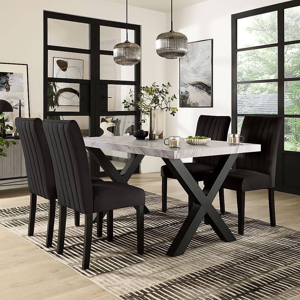 Franklin Dining Table & 4 Salisbury Chairs, Grey Marble Effect & Black Steel, Black Classic Velvet & Black Solid Hardwood, 150cm