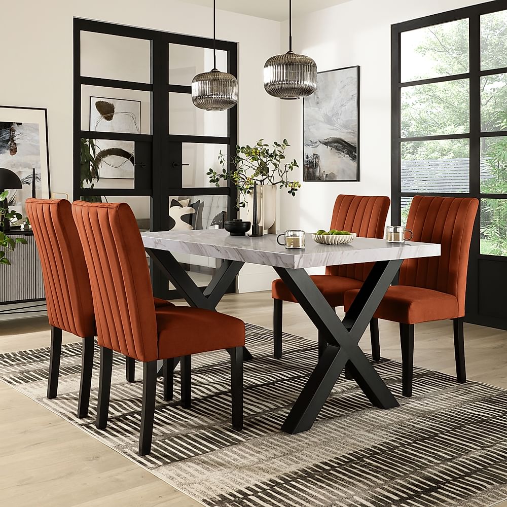 Franklin Dining Table & 4 Salisbury Chairs, Grey Marble Effect & Black Steel, Burnt Orange Classic Velvet & Black Solid Hardwood, 150cm