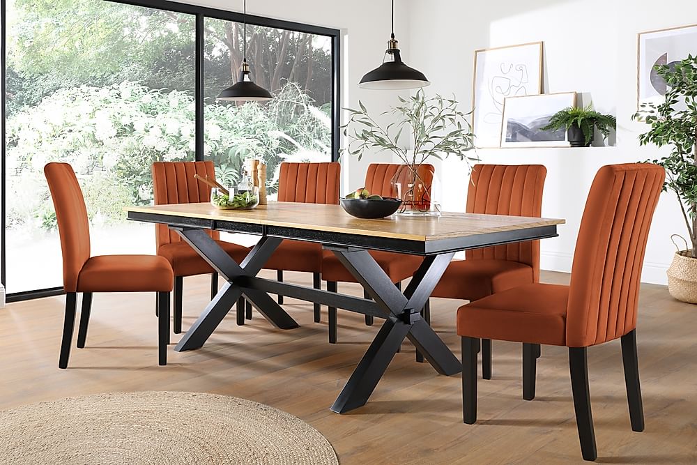 Grange Extending Dining Table & 4 Salisbury Chairs, Natural Oak Veneer & Black Solid Hardwood, Burnt Orange Classic Velvet, 180-220cm