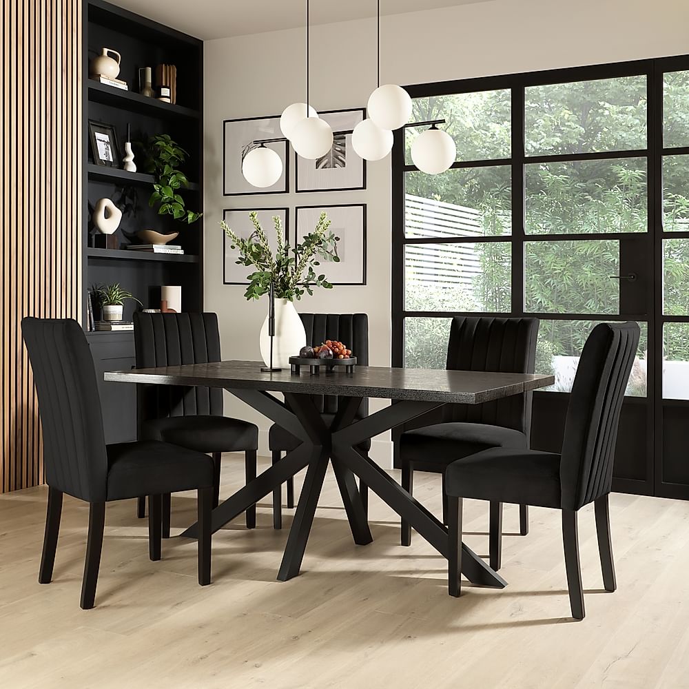 Madison Dining Table & 6 Salisbury Chairs, Black Oak Effect & Black Steel, Black Classic Velvet & Black Solid Hardwood, 160cm