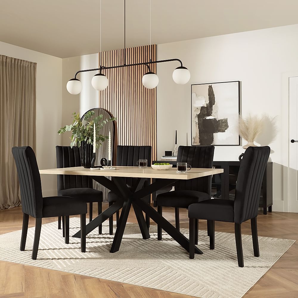 Madison Dining Table & 6 Salisbury Chairs, Light Oak Effect & Black Steel, Black Classic Velvet & Black Solid Hardwood, 160cm