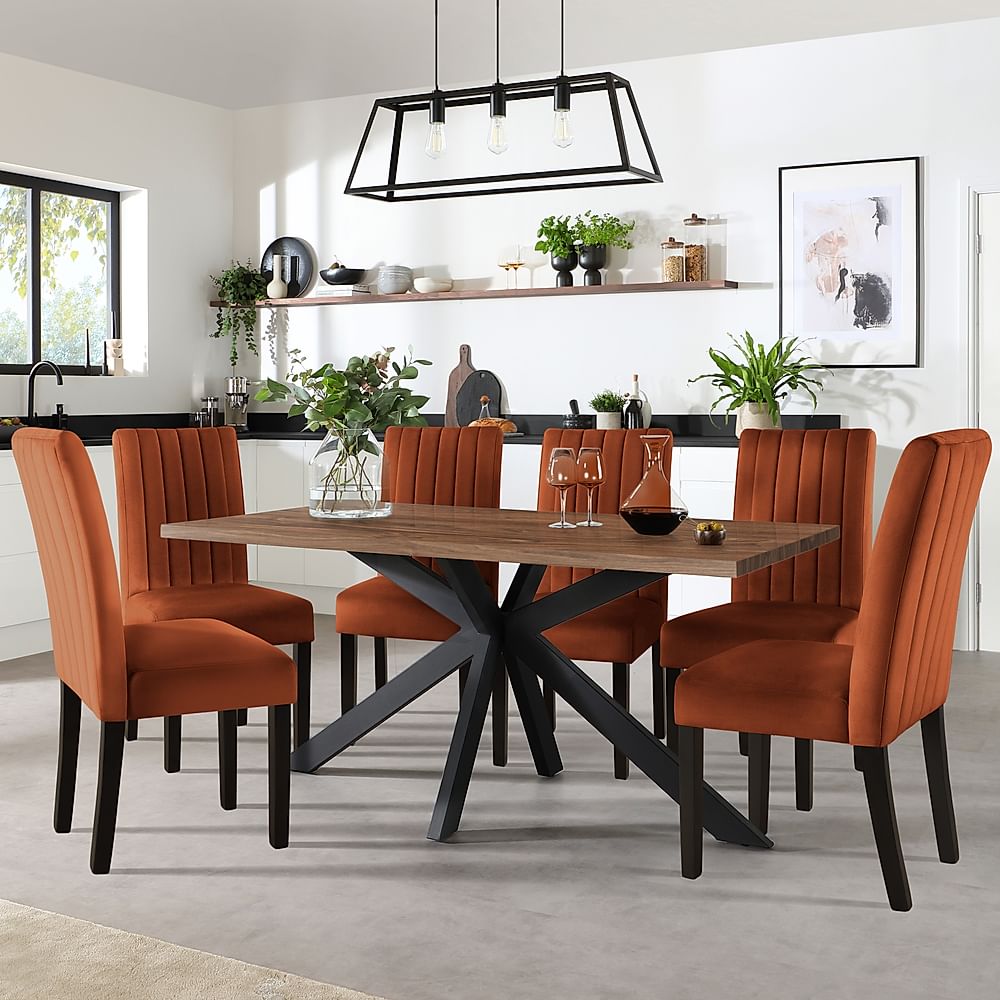 Madison Industrial Dining Table & 6 Salisbury Chairs, Walnut Effect & Black Steel, Burnt Orange Classic Velvet & Black Solid Hardwood, 160cm