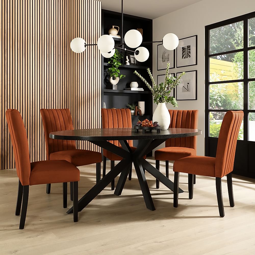 Madison Oval Dining Table & 6 Salisbury Chairs, Black Oak Effect & Black Steel, Burnt Orange Classic Velvet & Black Solid Hardwood, 180cm