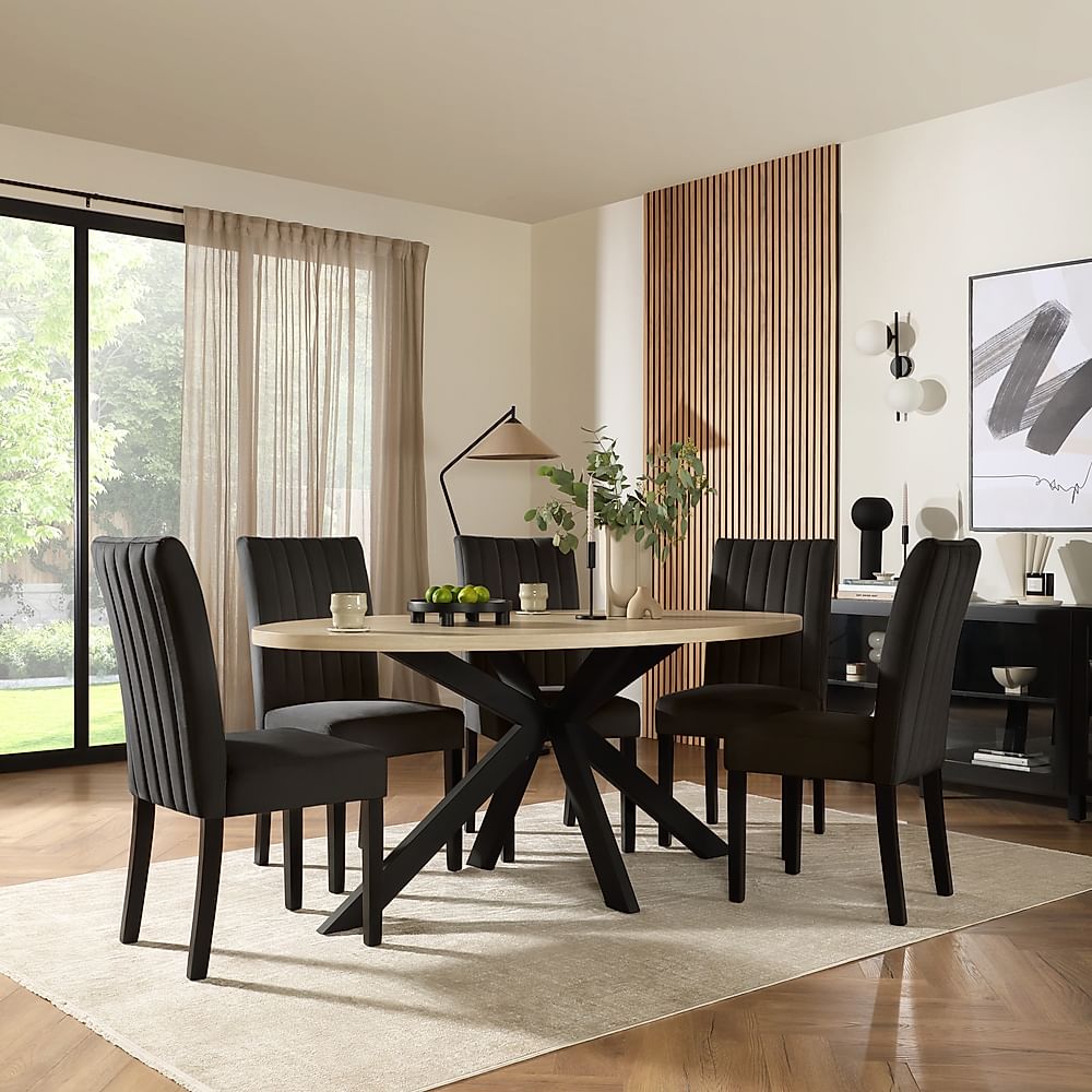 Madison Oval Dining Table & 4 Salisbury Chairs, Light Oak Effect & Black Steel, Black Classic Velvet & Black Solid Hardwood, 180cm