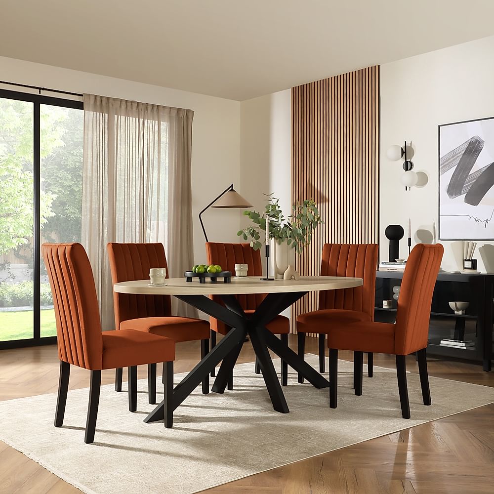 Madison Oval Dining Table & 4 Salisbury Chairs, Light Oak Effect & Black Steel, Burnt Orange Classic Velvet & Black Solid Hardwood, 180cm