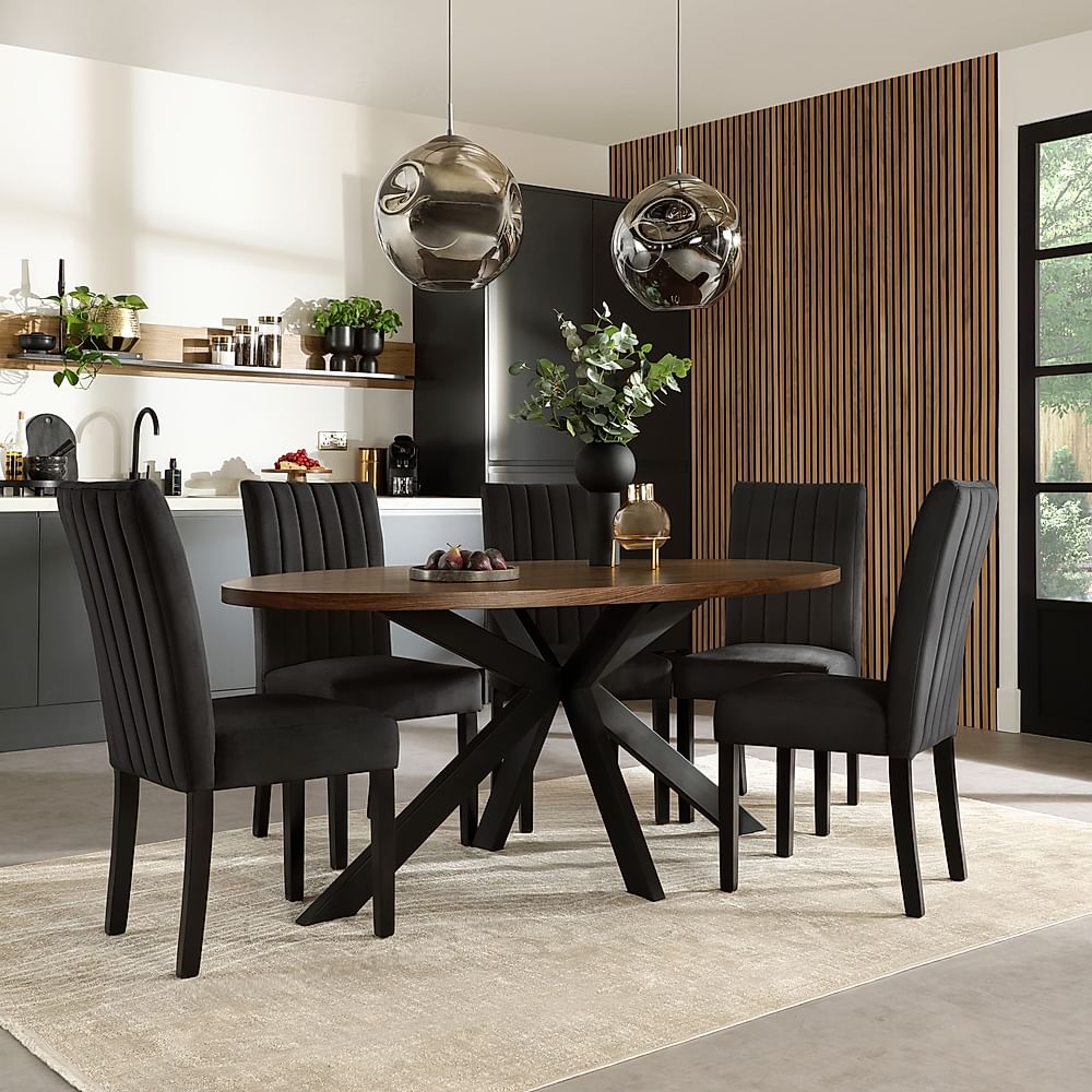 Madison Oval Industrial Dining Table & 4 Salisbury Chairs, Walnut Effect & Black Steel, Black Classic Velvet & Black Solid Hardwood, 180cm