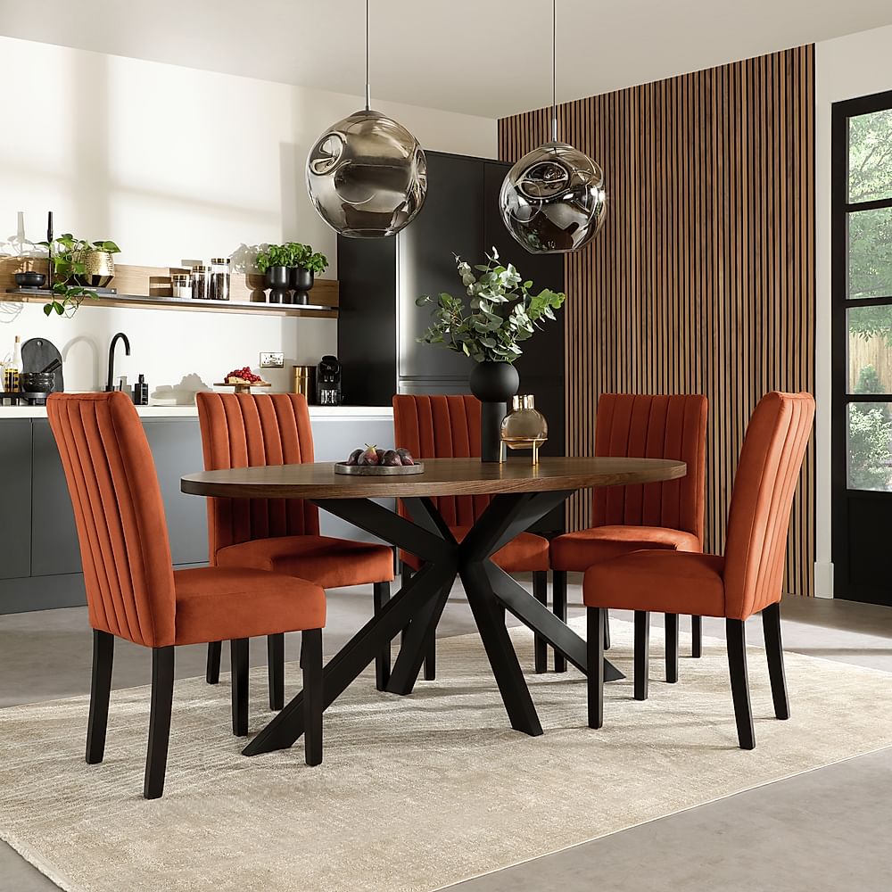 Madison Oval Industrial Dining Table & 4 Salisbury Chairs, Walnut Effect & Black Steel, Burnt Orange Classic Velvet & Black Solid Hardwood, 180cm