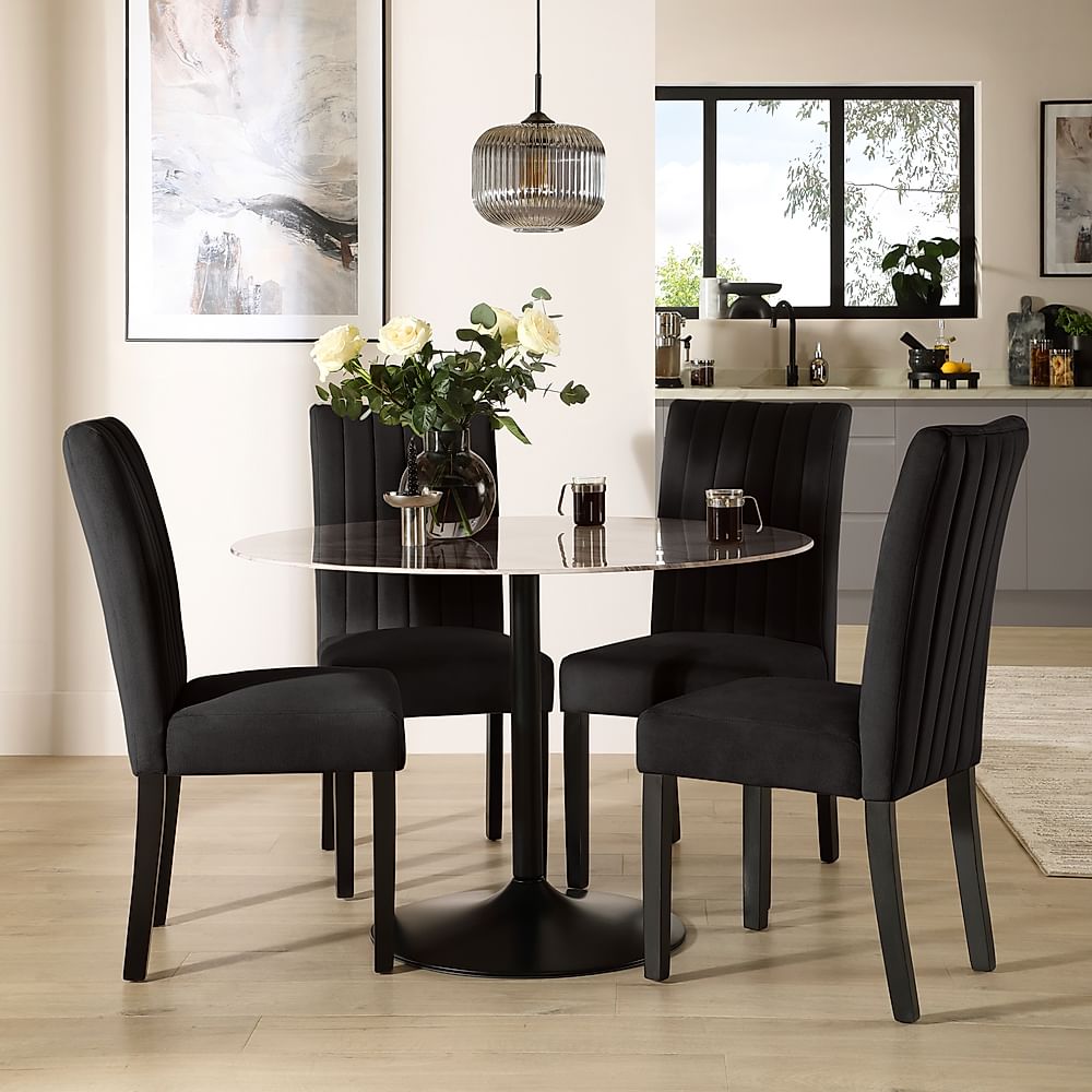 Orbit Round Dining Table & 4 Salisbury Chairs, Grey Marble Effect & Black Steel, Black Classic Velvet & Black Solid Hardwood, 110cm