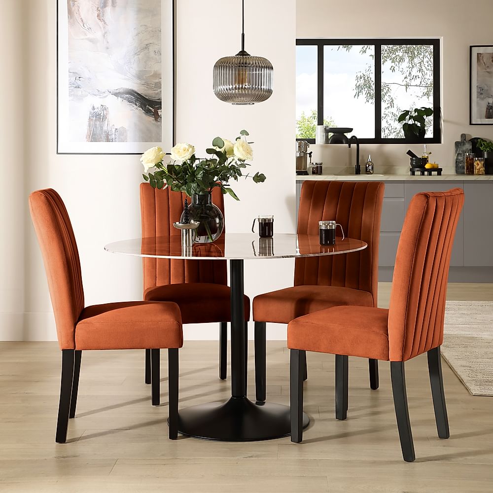 Orbit Round Dining Table & 4 Salisbury Chairs, Grey Marble Effect & Black Steel, Burnt Orange Classic Velvet & Black Solid Hardwood, 110cm