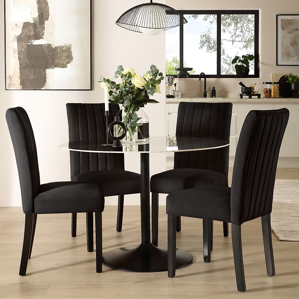 Orbit Round Dining Table & 4 Salisbury Chairs, White Marble Effect & Black Steel, Black Classic Velvet & Black Solid Hardwood, 110cm