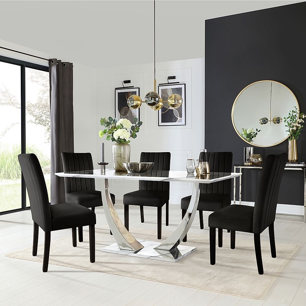 Peake Dining Table & 4 Salisbury Chairs, White Marble Effect & Chrome, Black Classic Velvet & Black Solid Hardwood, 160cm