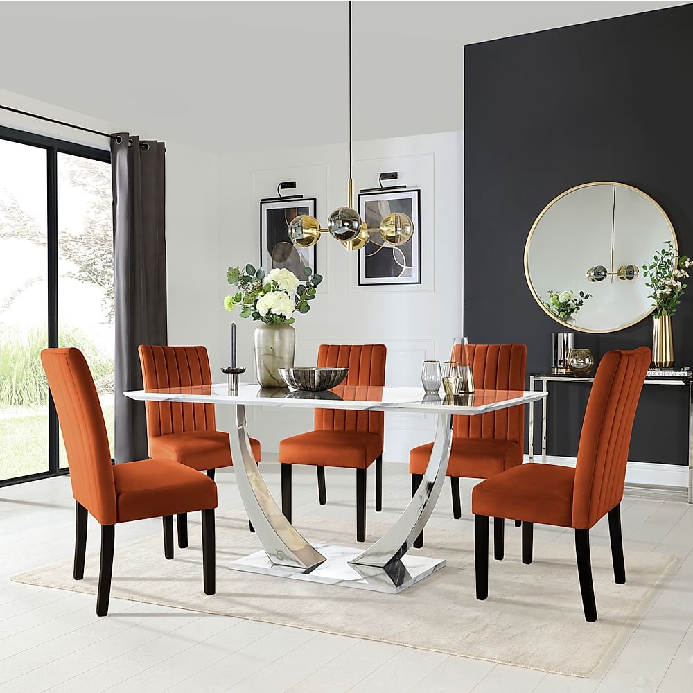 Peake Dining Table & 4 Salisbury Chairs, White Marble Effect & Chrome, Burnt Orange Classic Velvet & Black Solid Hardwood, 160cm