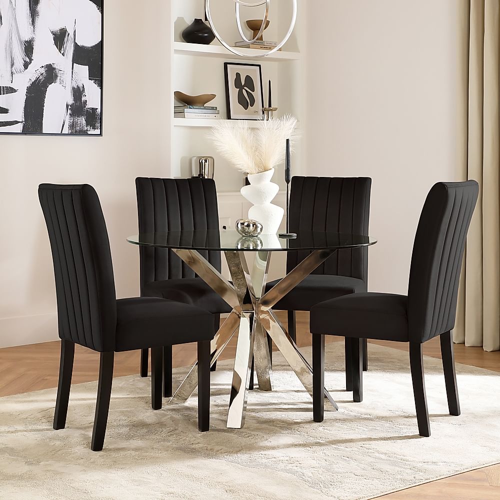 Plaza Round Dining Table & 4 Salisbury Chairs, Glass & Chrome, Black Classic Velvet & Black Solid Hardwood, 110cm