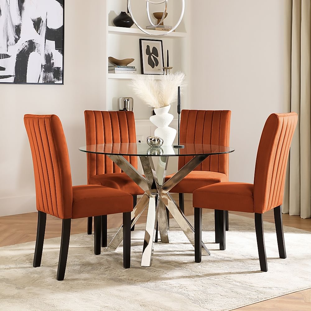 Plaza Round Dining Table & 4 Salisbury Chairs, Glass & Chrome, Burnt Orange Classic Velvet & Black Solid Hardwood, 110cm