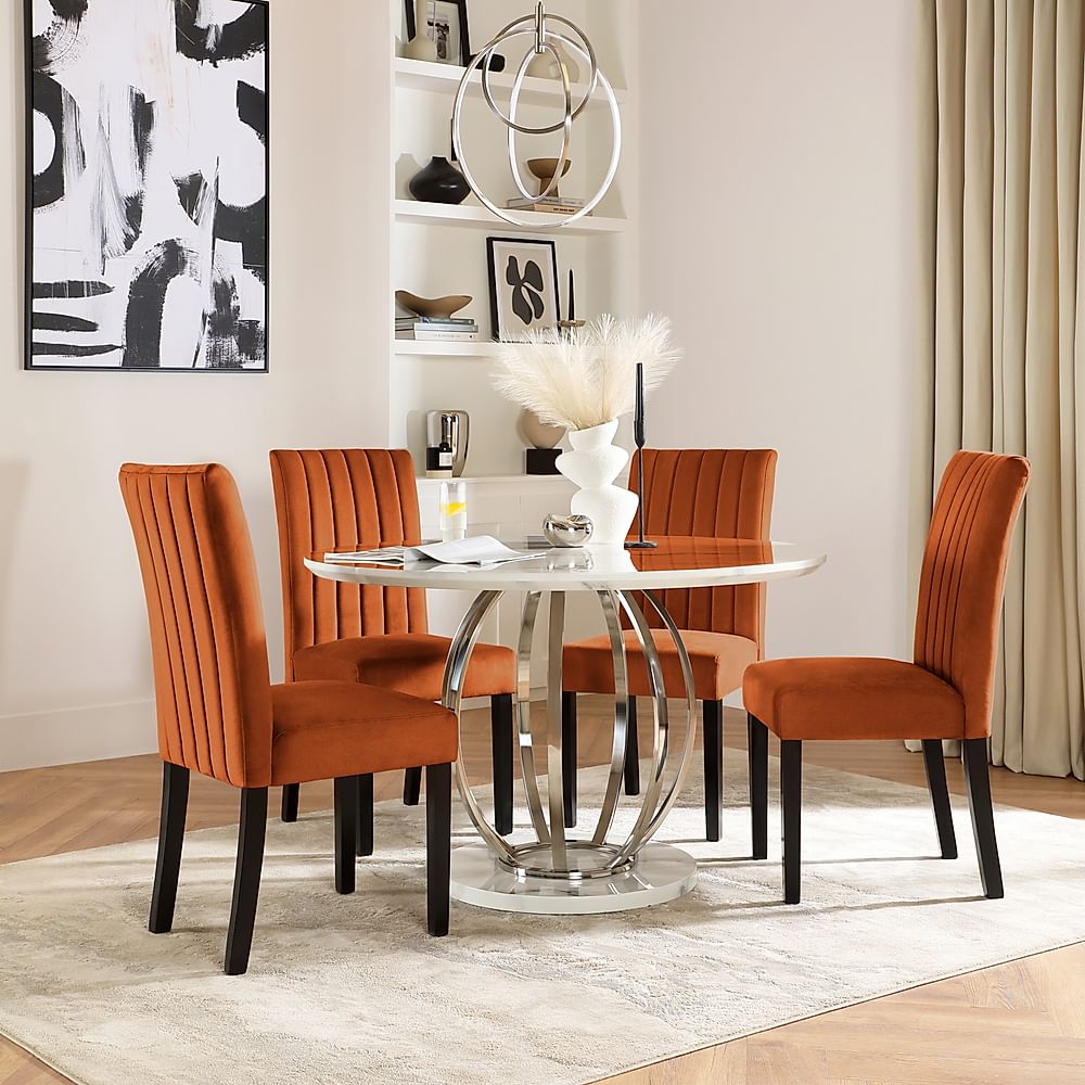 Savoy Round Dining Table & 4 Salisbury Chairs, White Marble Effect & Chrome, Burnt Orange Classic Velvet & Black Solid Hardwood, 120cm