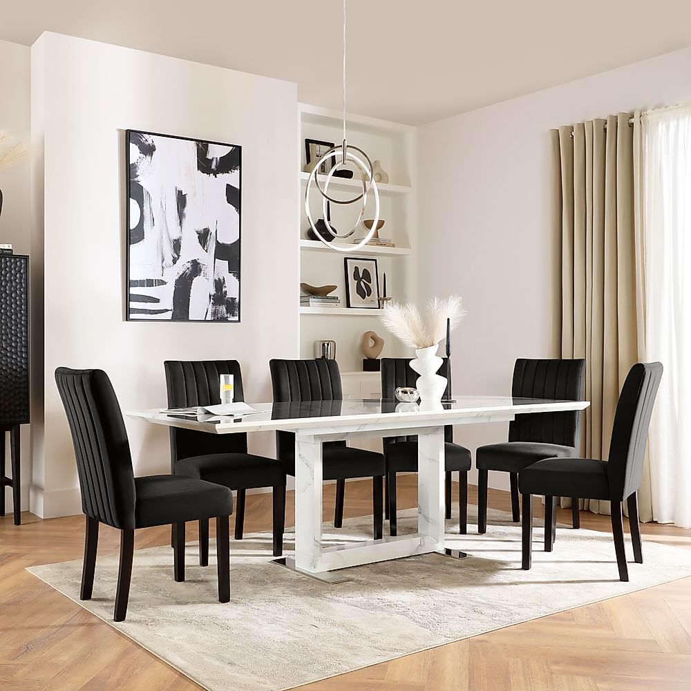 Tokyo Extending Dining Table & 4 Salisbury Chairs, White Marble Effect, Black Classic Velvet & Black Solid Hardwood, 160-220cm