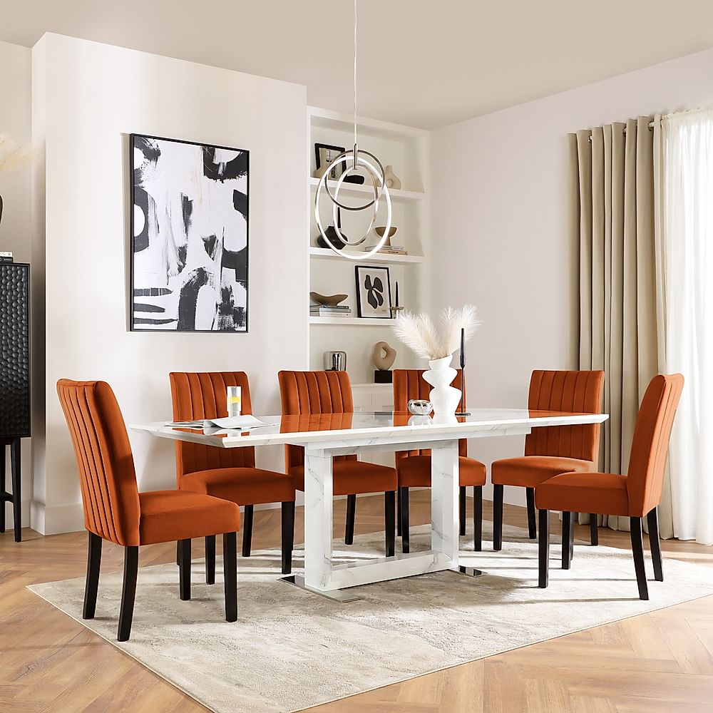 Tokyo Extending Dining Table & 4 Salisbury Chairs, White Marble Effect, Burnt Orange Classic Velvet & Black Solid Hardwood, 160-220cm