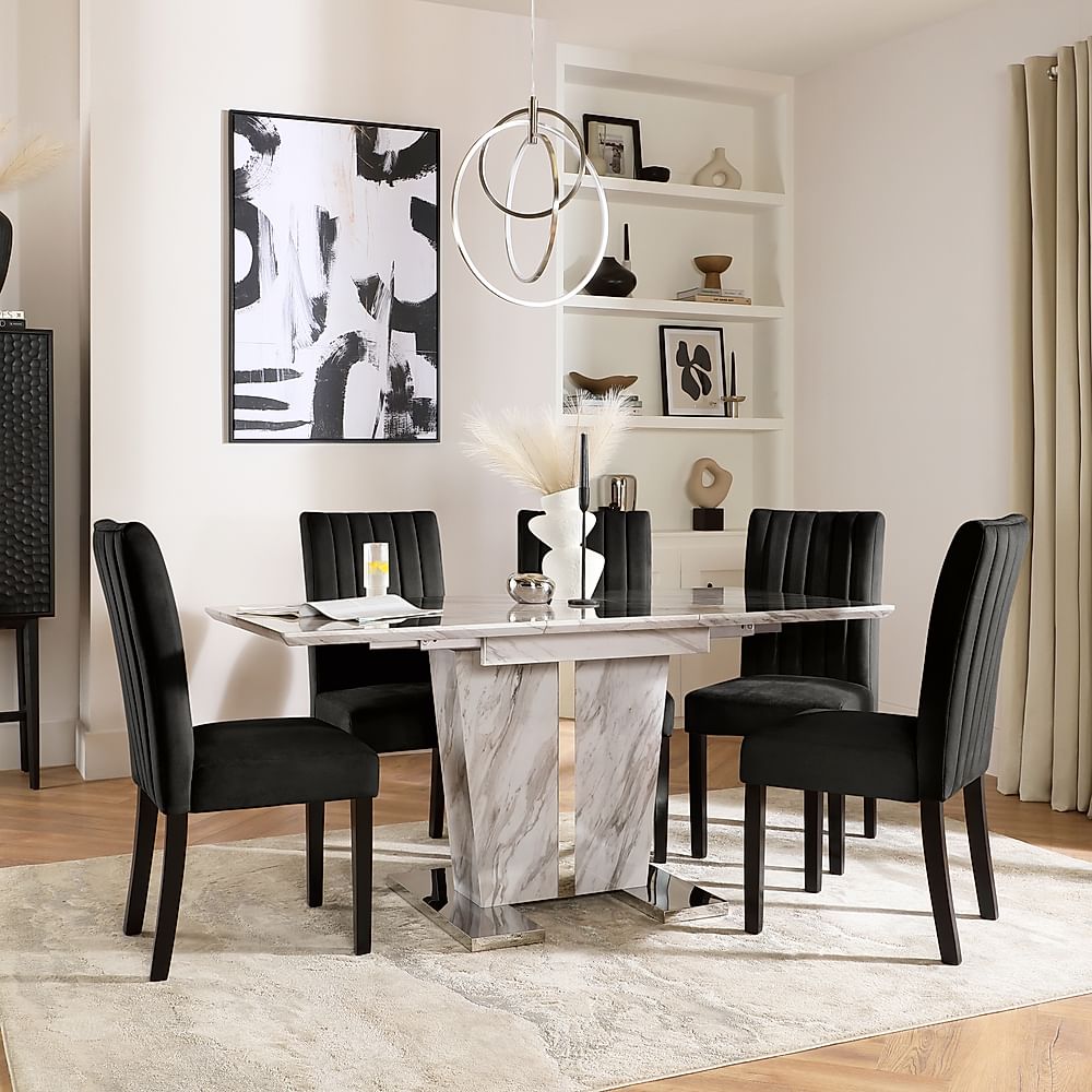 Vienna Extending Dining Table & 4 Salisbury Chairs, Grey Marble Effect, Black Classic Velvet & Black Solid Hardwood, 120-160cm