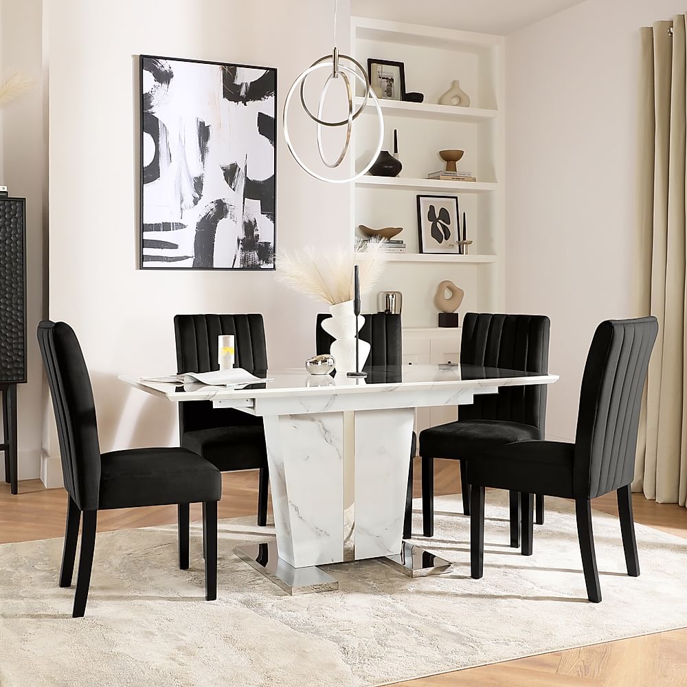 Vienna Extending Dining Table & 4 Salisbury Chairs, White Marble Effect, Black Classic Velvet & Black Solid Hardwood, 120-160cm