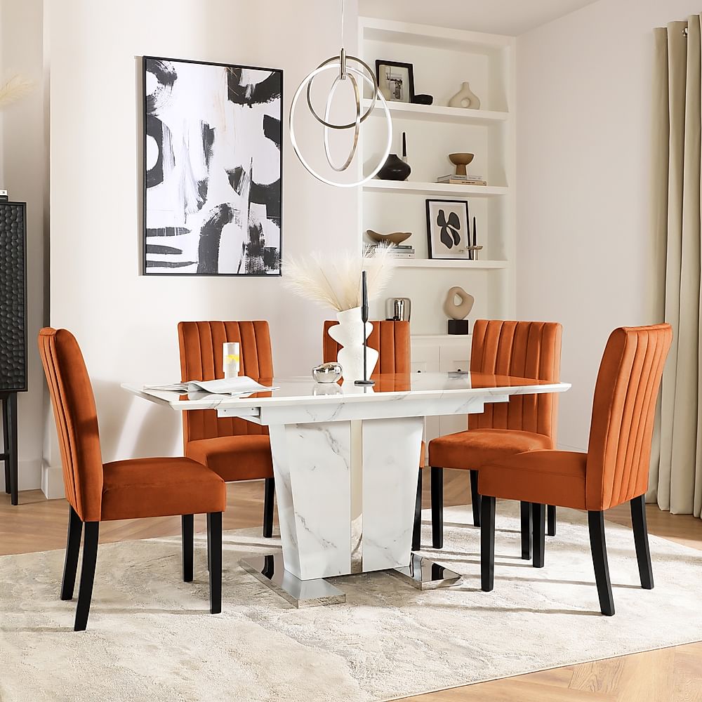 Vienna Extending Dining Table & 6 Salisbury Chairs, White Marble Effect, Burnt Orange Classic Velvet & Black Solid Hardwood, 120-160cm