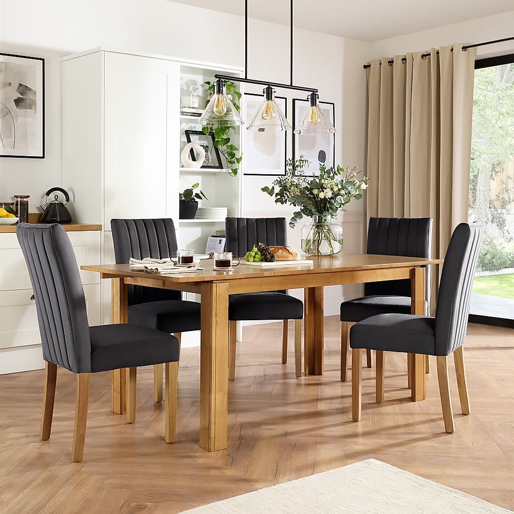 Bali Extending Dining Table & 4 Salisbury Chairs, Natural Oak Finished Solid Hardwood, Slate Grey Classic Plush Fabric, 150-180cm