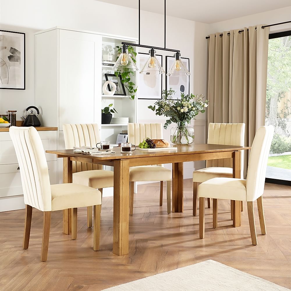 Bali Extending Dining Table & 4 Salisbury Chairs, Natural Oak Finished Solid Hardwood, Ivory Classic Plush Fabric, 150-180cm