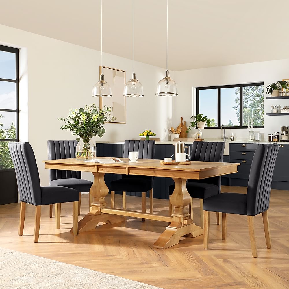 Cavendish Extending Dining Table & 8 Salisbury Chairs, Natural Oak Veneer & Solid Hardwood, Slate Grey Classic Plush Fabric & Natural Oak Finished Solid Hardwood, 160-200cm