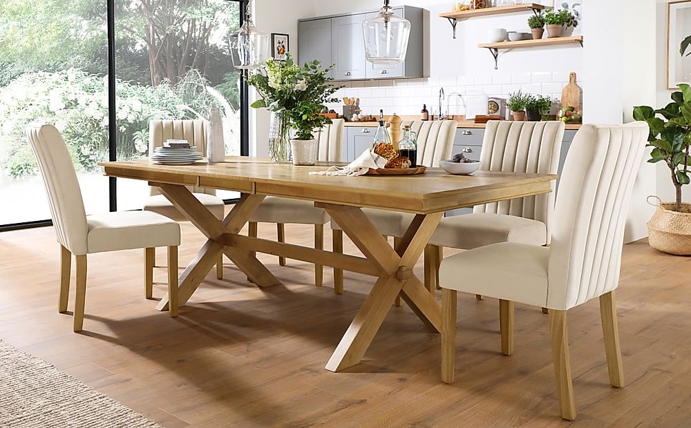 Grange Extending Dining Table & 4 Salisbury Chairs, Natural Oak Veneer & Solid Hardwood, Ivory Classic Plush Fabric & Natural Oak Finished Solid Hardwood, 180-220cm