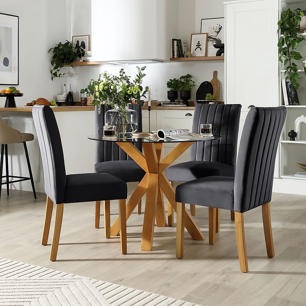 Hatton Round Dining Table & 4 Salisbury Chairs, Glass & Natural Oak Finished Solid Hardwood, Slate Grey Classic Plush Fabric, 100cm