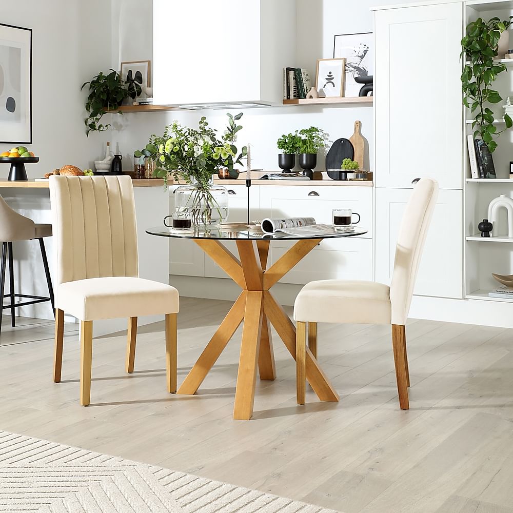 Hatton Round Dining Table & 2 Salisbury Chairs, Glass & Natural Oak Finished Solid Hardwood, Ivory Classic Plush Fabric, 100cm