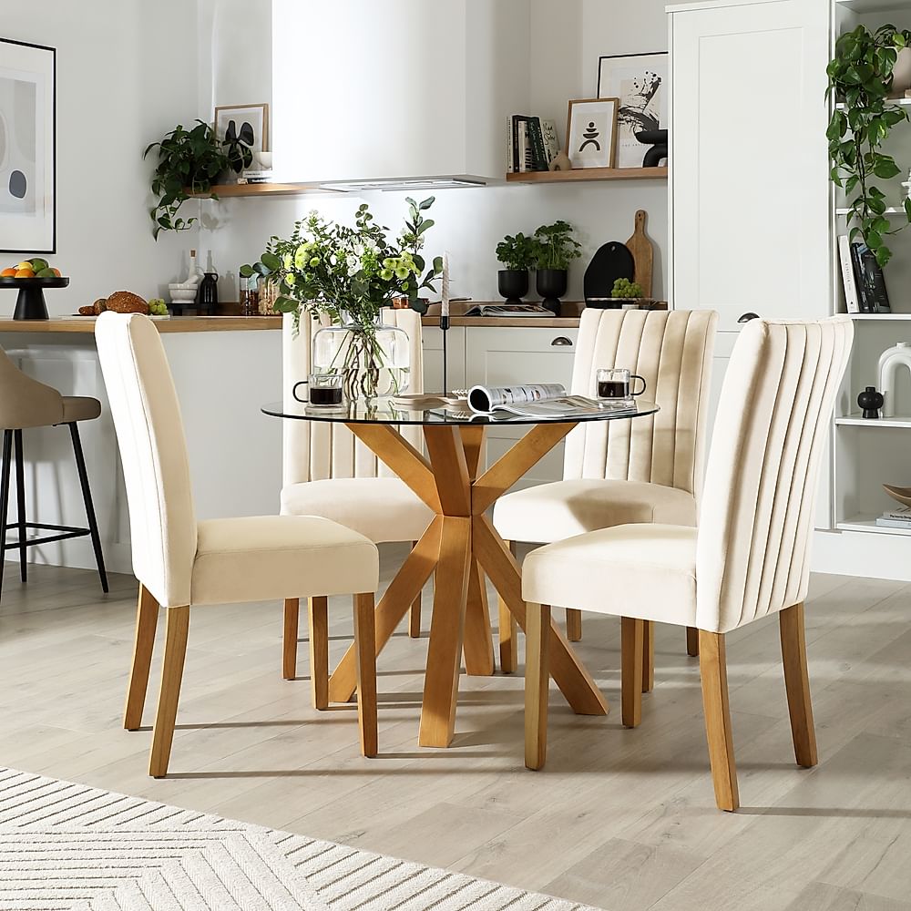 Hatton Round Dining Table & 4 Salisbury Chairs, Glass & Natural Oak Finished Solid Hardwood, Ivory Classic Plush Fabric, 100cm