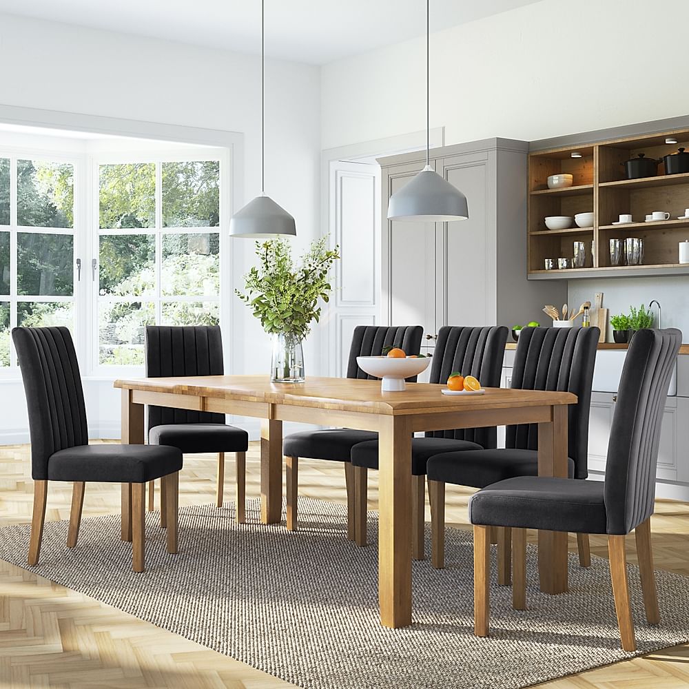 Highbury Extending Dining Table & 4 Salisbury Chairs, Natural Oak Finished Solid Hardwood, Slate Grey Classic Plush Fabric, 150-200cm