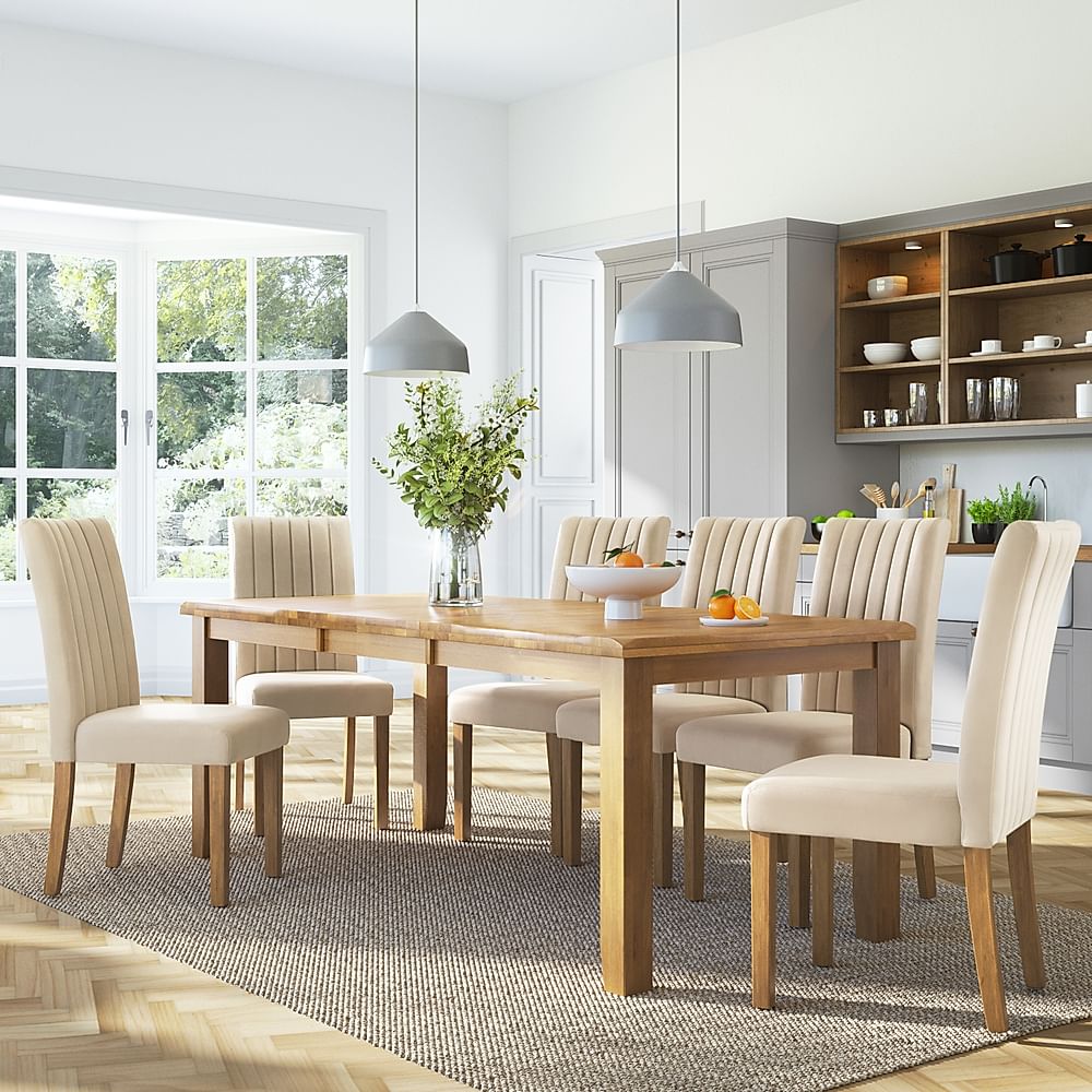 Highbury Extending Dining Table & 8 Salisbury Chairs, Natural Oak Finished Solid Hardwood, Ivory Classic Plush Fabric, 150-200cm