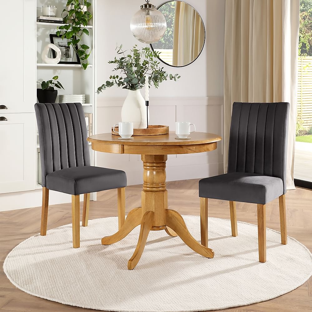 Kingston Round Dining Table & 2 Salisbury Chairs, Natural Oak Finished Solid Hardwood, Slate Grey Classic Plush Fabric, 90cm