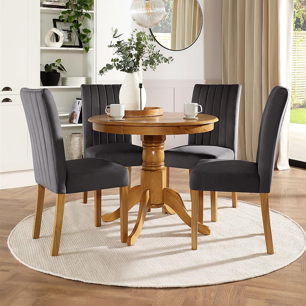 Kingston Round Dining Table & 4 Salisbury Chairs, Natural Oak Finished Solid Hardwood, Slate Grey Classic Plush Fabric, 90cm