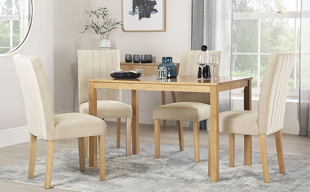 Milton Dining Table & 4 Salisbury Chairs, Natural Oak Finished Solid Hardwood, Ivory Classic Plush Fabric, 120cm